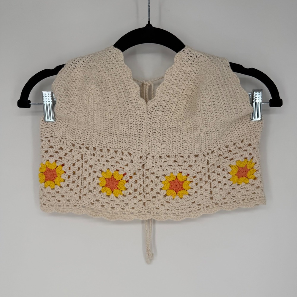 AERIE‎ GRANNY SQUARE CROCHET CROPPED HALTER TOP SUNFLOWER CREAM MEDIUM SUMMER